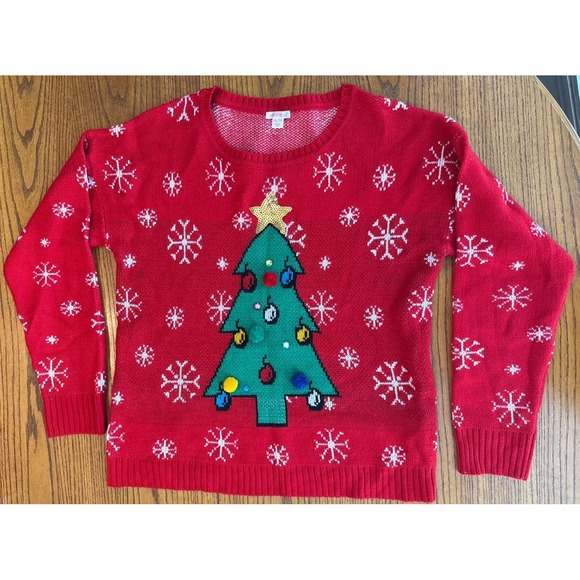 Xhilaration Juniors XXL Ugly Christmas Sweater Red Tree Snowflake Holiday - Picture 1 of 7